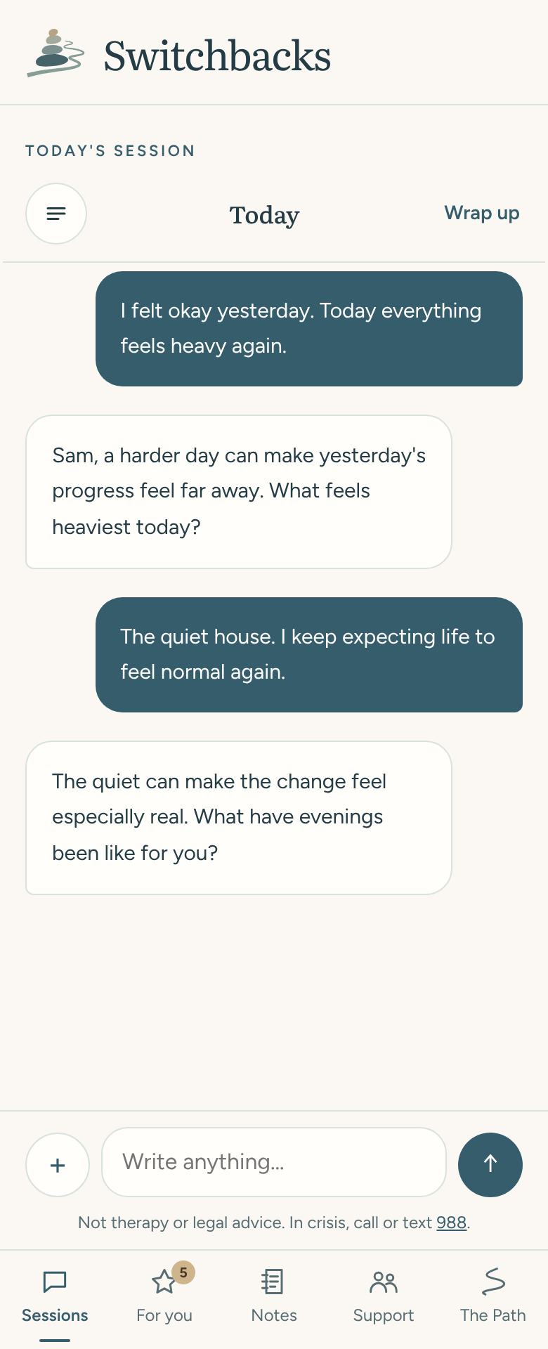 A session in the Switchbacks app, with a sample person
